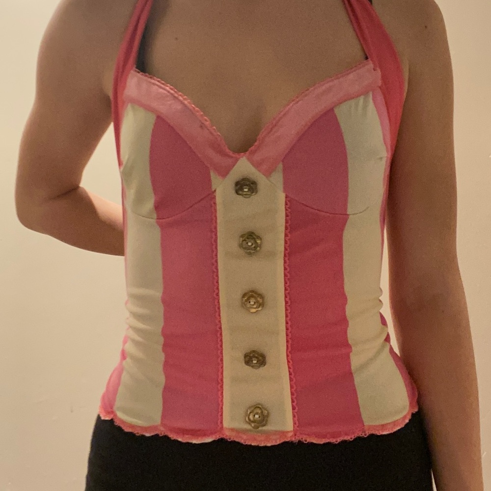 Cute yellow and pink top with pink trim and gold flower buttons